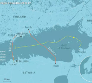 Mapa sa prikazom pozicija podvodnih kablova između Finske i Estonije